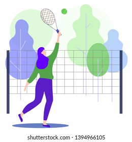 Vector Illustration. Creating Business Ideas. Get Profit. Reward for New Idea. Woman Playing Tennis in Park. Tennis Court in Park. Outdoor Sports. Use Time Wisely. Girl with Tennis Racket in Hand.