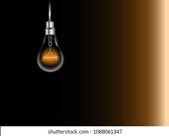 Vector illustration. Creating creative idea background with light bulb on the dark black background.