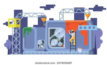 Vector illustration of creating a website, conducting computer diagnostics. Cartoon scene of builders with a hammer, repairing, painting with a roller, performing technical work. Lifting cranes.