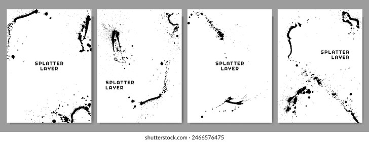 Ilustración vectorial. Conjunto de fondo desordenado artístico creativo. Salpicaduras de tinta de color negro. Elementos de diseño para póster, marco, superposición de fotos, folleto, portada de libro o revista, maquetación, folleto, vale