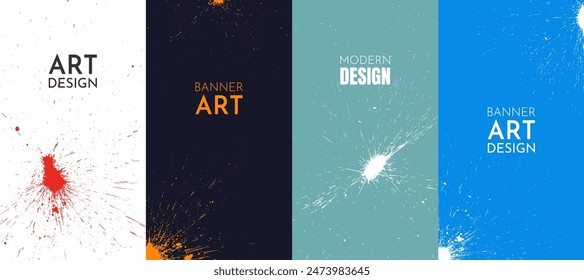 Vektorillustration. Kreative künstlerische chaotische Hintergrund-Set. Farbtinte schmutzig spritzen. Design-Elemente für Flyer, Prospekte, Gutscheine, Coupons. Dynamischer künstlerischer Bildschirmhintergrund. Klassischer Kunstfarbstil