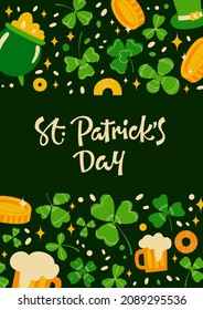 Vector illustration of creative banner with inscription St Patricks Day on green background with shamrock and clover leaves with golden coins and leprechaun hat