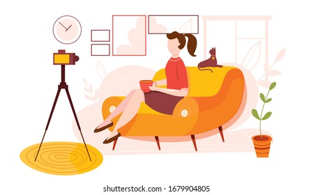 Vector illustration of creative blogging at home.  Working at home.  Quarantine epidemic. Live streaming, broadcast. Vlogger creating content and posting it on social media. Home office.