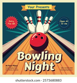 Vector illustration of creative bowling night poster template design