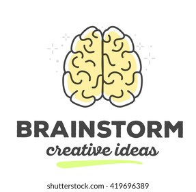 Vector illustration of creative brain with text on white background. Creative ideas concept. Hand draw flat thin black line art style monochrome design of brain yellow color for idea and brainstorm