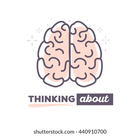 Vector illustration of creative brain with text thinking about on white background. Creative ideas concept. Hand draw flat thin line art style monochrome design of brain pink color for creative idea