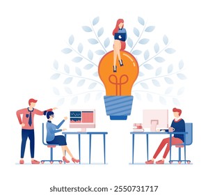 vector illustration of Creative brainstorming session in office space with professionals collaborating, finding new ideas and solutions symbolized by a light bulb flourish