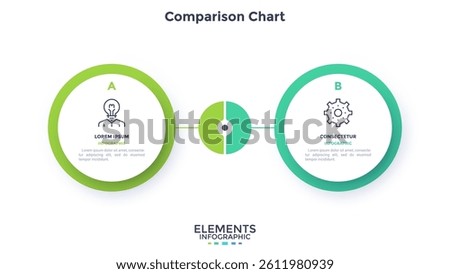 Vector illustration with creative comparison chart for business presentation. Two circles demonstrate infographic concept. Marketing data visualization, strategy, plan, development process.