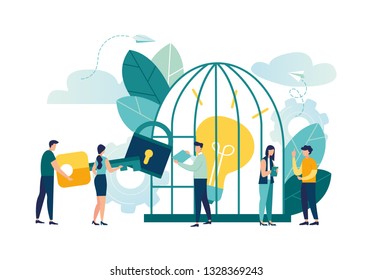 Vector illustration, creative concept idea key to success, light bulb under lock and key, energy and symbol, search for new creative thoughts - vector