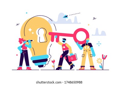 Vector illustration, creative concept idea key to success, light bulb energy and symbol, search for new creative thoughts. Flat style modern design vector illustration for web page, cards, poster