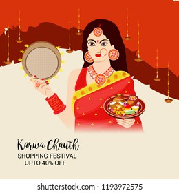 Vector illustration of a Creative Concept Offer Banner for indian Festival of karwa Chauth Celebration.
