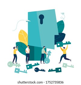 Vector illustration, creative concept, search for key to success, teamwork.