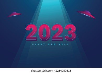 vector illustration creative concept UFO of 2023 happy new year greeting  