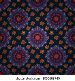 Vector illustration. Creative decoration for wallpaper, clothes, textile. Unique geometric bright swatch in violet, gray and black colors. Abstract vector background with mandalas.