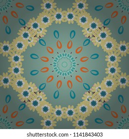 Vector illustration. Creative decoration for wallpaper, clothes, textile. Abstract vector background with mandalas. Unique geometric bright swatch in blue, green and yellow colors.