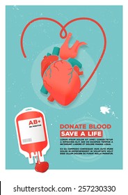Vector illustration. Creative donor poster. Blood Donation. World Blood Donor Day banner. Human heart and blood bag. Medical design elements. Grunge texture.
