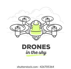 Vector illustration of creative drone with text on white background. Drone in the sky concept. Hand draw flat thin black line art style monochrome design of drone green color for drone flight,delivery