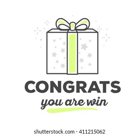 Vector illustration of creative gift box with bow with text on white background.  Congratulation concept.Hand draw flat thin line art style monochrome design of gift green color for congratulate theme