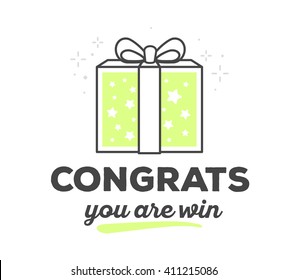 Vector illustration of creative gift box with bow with text on white background. Gift concept. Hand draw flat thin line art style monochrome design of gift with green color for congratulation theme