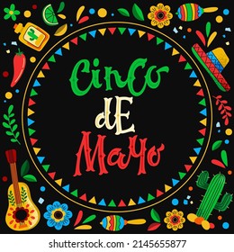 Vector illustration of creative greeting card for celebration of Mexican holiday Cinco de Mayo on black background