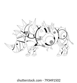 Vector illustration of creative hand drawn steampunk graphic stencil rhinoceros, zentangle, coloring book, mehcanical animal