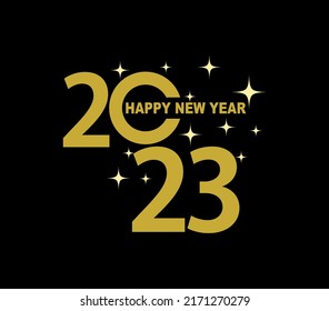 Ilustración vectorial del año nuevo creativo feliz 2023 con ráfagas de fuegos artificiales de oro sobre fondo negro.
