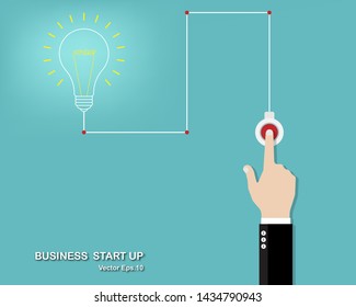 Vector illustration of creative idea, Business startup, Light bulb, Businessman hand touches open the switch, Vision, Success, Career, Flat style