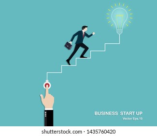 Vector illustration of creative idea, Business startup, Light bulb, Businessman hand touches open the switch 