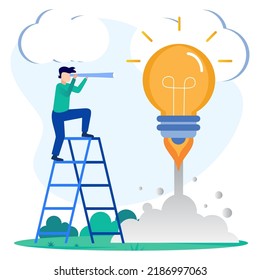 Vector illustration of creative idea, innovation, start up concept. Person character thinking bright idea with light bulb symbol.