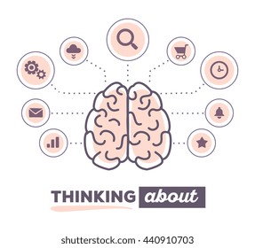 Vector illustration creative infographic of brain with icons and text thinking about on white background. Creative ideas concept. Hand draw flat thin line art style design of brain for creative idea