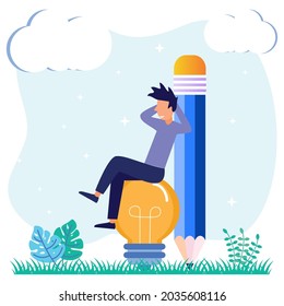 Vector illustration of a creative, innovative idea scene inspiration and discovery scene. Project development with imagination and creativity approach.