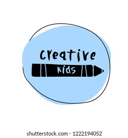 Vector illustration of creative kids text. Logo for creativity class, kids art, craft. Banner of art and design education for children. Learning icon concept. 