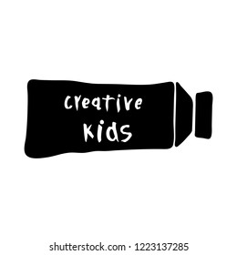 Vector illustration of creative kids text on paint tube. Logo for creativity class, kids art, craft. Banner of art and design education for children. Learning icon concept. 