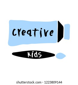 Vector illustration of creative kids text with blue paint tube and brush. Logo for creativity class, kids art, craft. Banner of art and design education for children. Learning icon concept. 