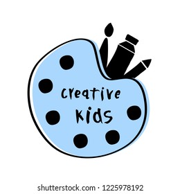 Vector illustration of creative kids text with palette, paint tube and brush. Logo for creativity class, kids art, craft. Banner of art and design education for children. Learning icon concept. 