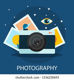 Vector illustration of creative & media concept with "photography" camera and photographer icon.