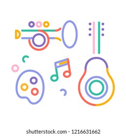 vector illustration. creative and musical instruments in children's style. trumpet, guitar, musical note, palette. multicolored stickers