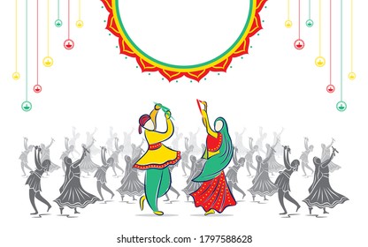 vector illustration of creative Navratri dandiya mahotsav poster design, Indian couple playing Garba