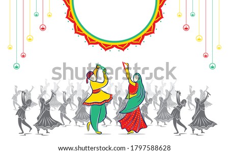 vector illustration of creative Navratri dandiya mahotsav poster design, Indian couple playing Garba