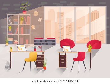 Ilustración vectorial. Interior de oficina creativa. Lugar de trabajo