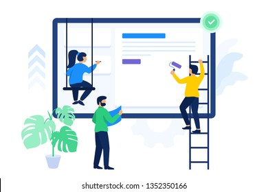 Vector illustration of creative people are working together to finish project. Manager and team are thinking and brainstorming. Illustration of collaboration, flat design style. Isolated Vector