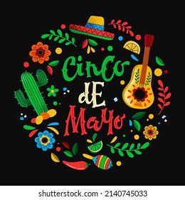 Dibujo vectorial de una pancarta creativa con la inscripción Cinco de Mayo en forma de círculo para la celebración de la fiesta mexicana sobre fondo negro