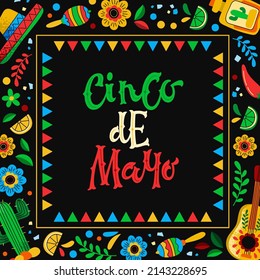 Vector illustration of creative placard with Cinco de Mayo inscription and Mexican symbols for holiday celebration