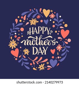 Vector illustration of creative postcard with Happy Mothers Day phrase in circle made of flowers and hearts on dark blue background