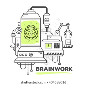 Vector illustration of creative professional mechanism of brainwork on white background. Draw line art style monochrome design with green color for web, site, advertising, banner, poster, print