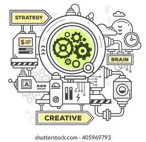 Vector illustration of creative professional mechanism to make anything on white background.Draw flat thin line art style monochrome design with green and yellow colors.Modern concept of business work