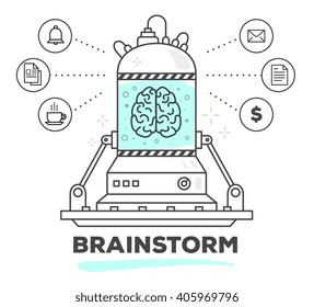 Vector illustration of creative professional mechanism of brain work with business icon on white background.Draw flat thin line art style monochrome design with blue color.Modern concept of brainstorm