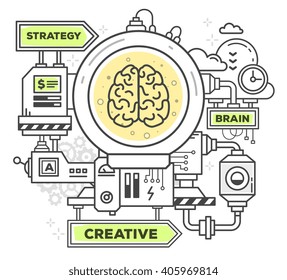 Vector illustration of creative professional mechanism to create an idea on white background.Draw flat thin line art style monochrome design with green and yellow colors.Modern concept of work a brain