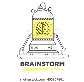 Vector illustration of creative professional mechanism of brainstorm with text on white background.Draw flat thin line art style monochrome design with yellow color.Modern concept to start brainstorm