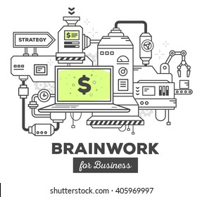 Vector illustration of creative professional mechanism to make money on white background. Draw flat thin line art style monochrome design with green color. Modern concept to make money in business